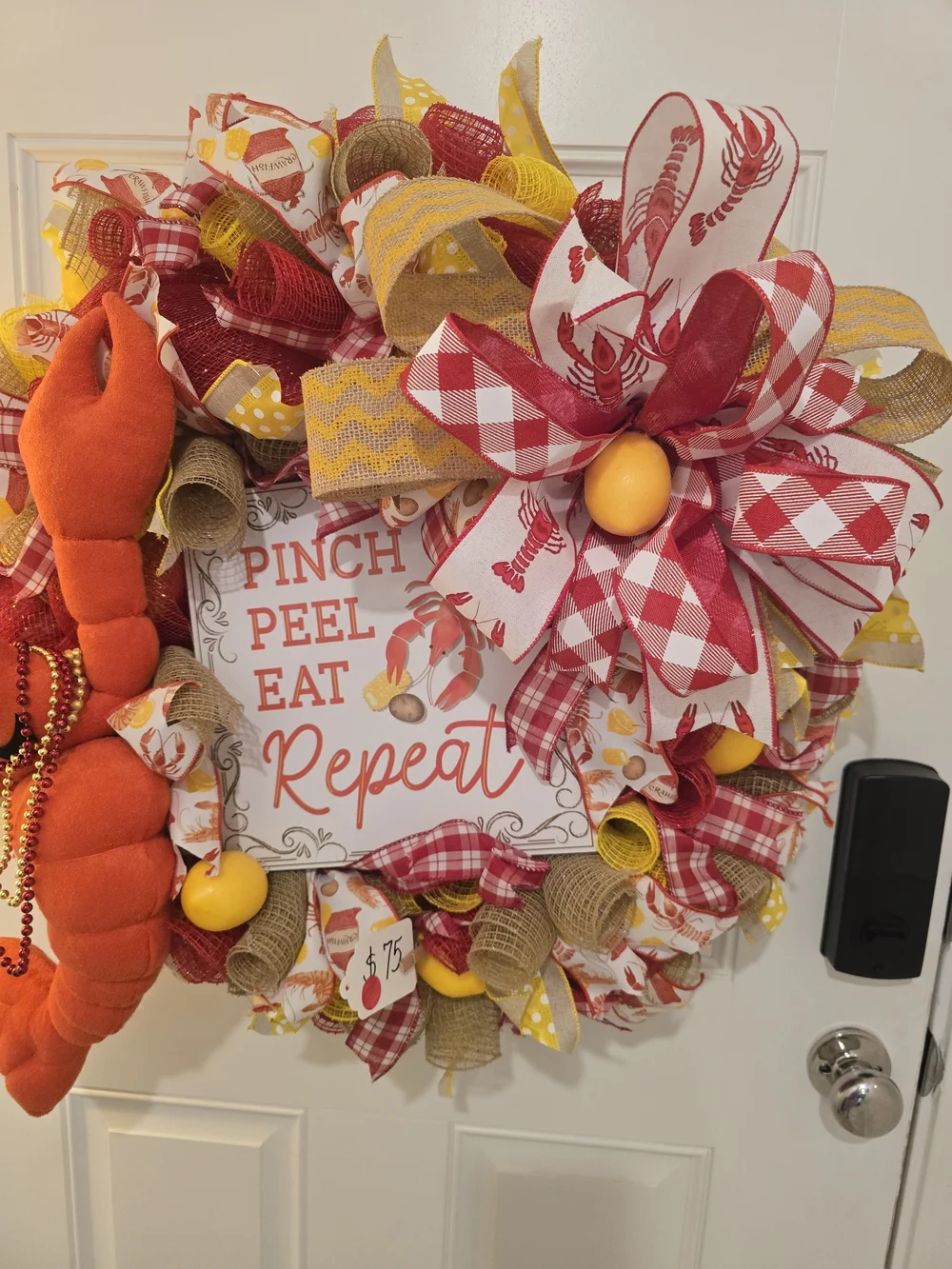 Handmade Yellow & Red Holiday Wreath with Plush Crawfish Boil Pinch Peel Eat